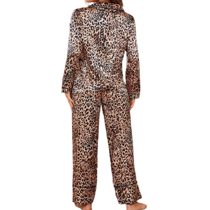 Leopard Button Up Long Sleeve Top & Pants Pajama Set