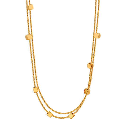 Gold Steel Layered Cube Satellite Chain Necklace