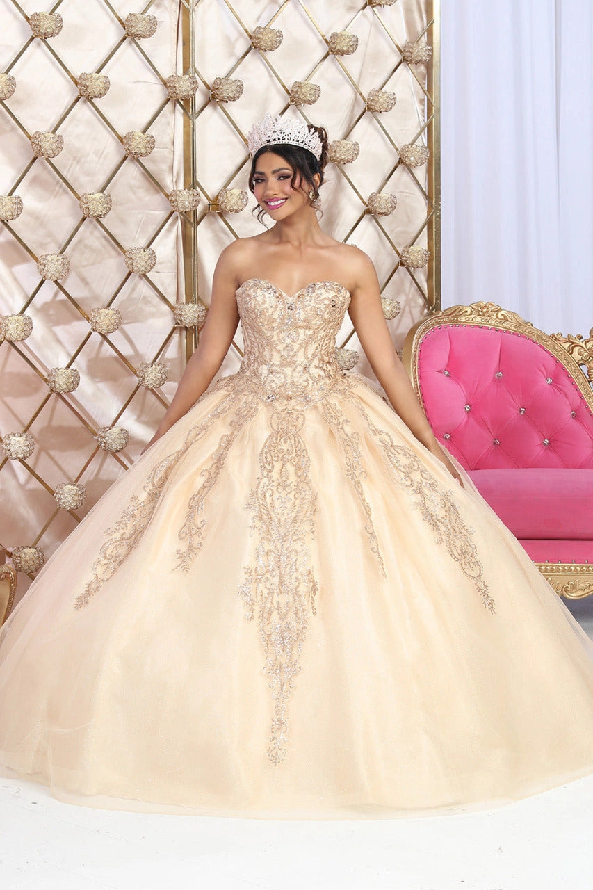 Glitter Gold Beaded Quince Prom Gown