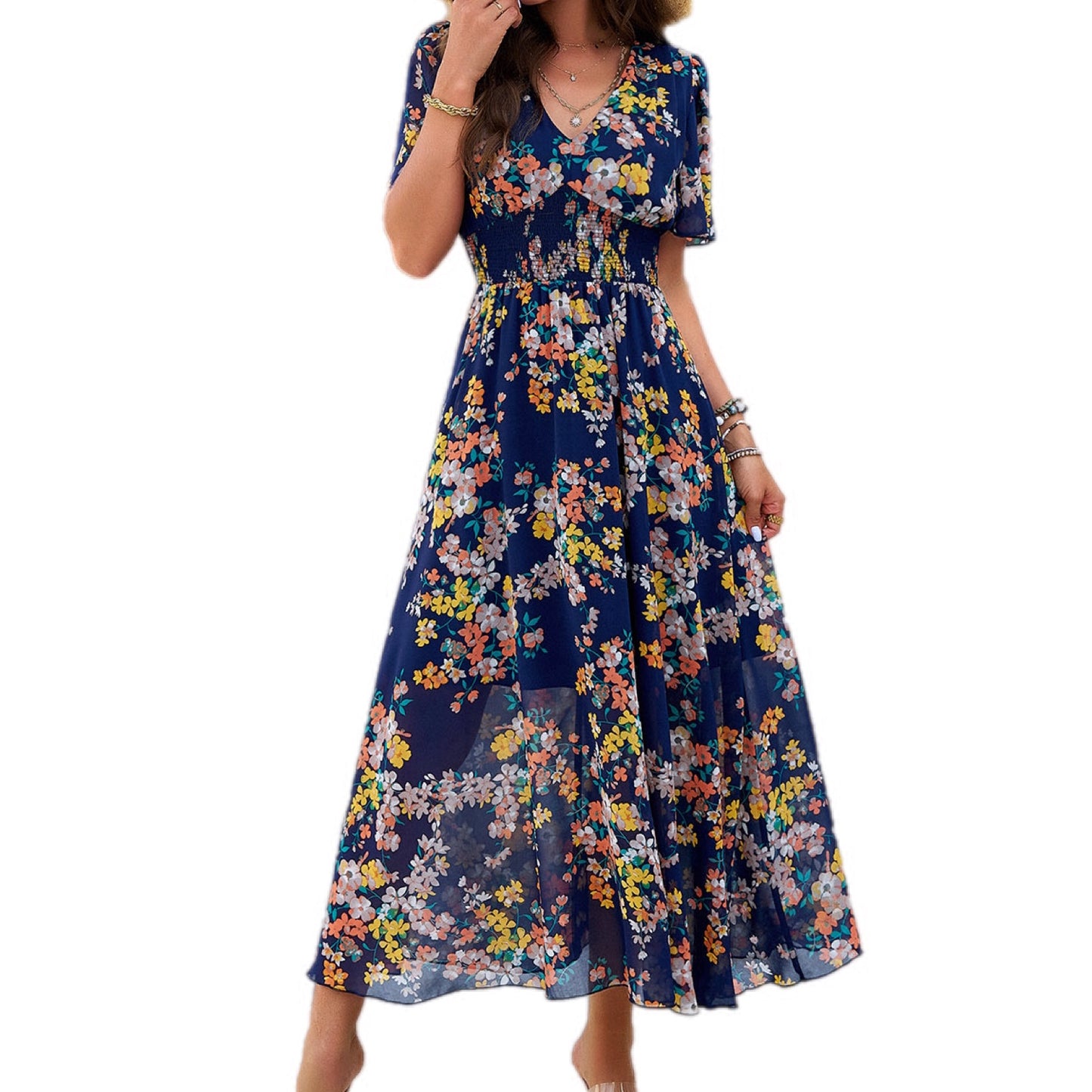 Smocked Floral V-Neck Short Sleeve Dress