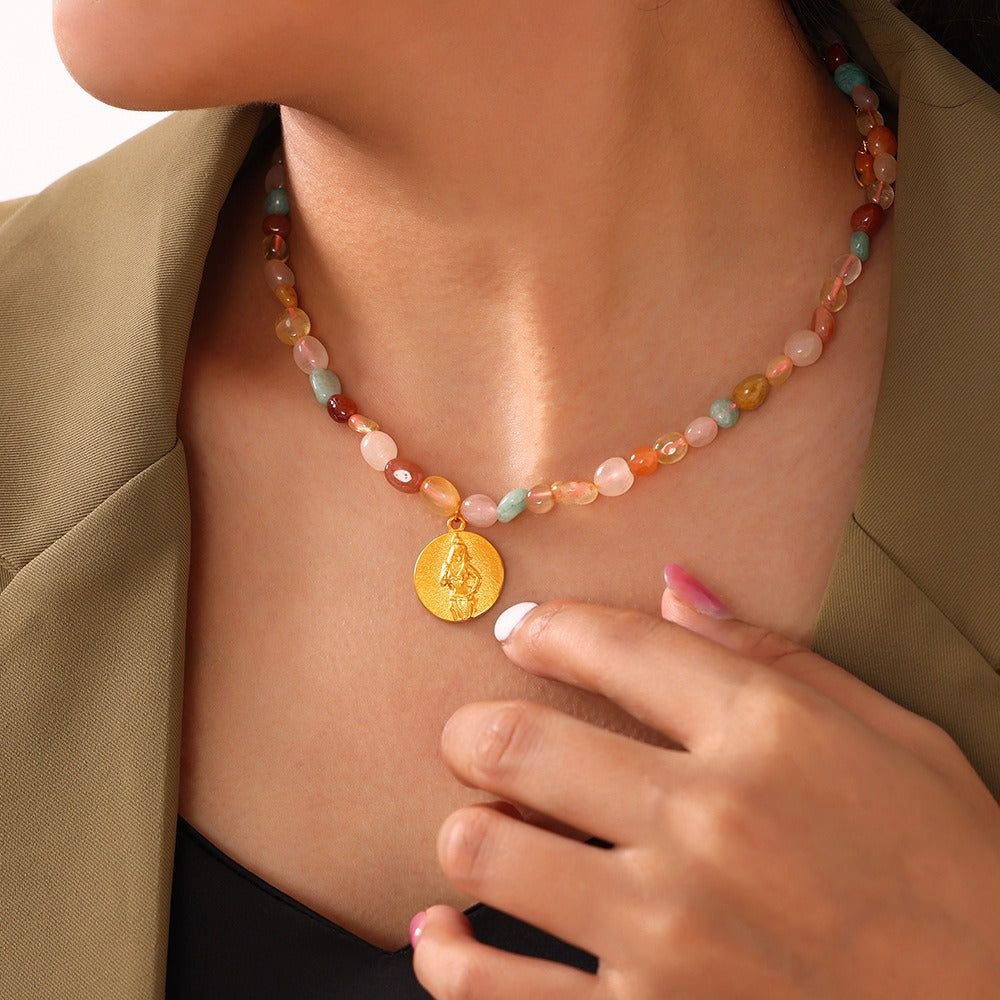 Gold Steel Gemstone Gold Coin Charm Necklace