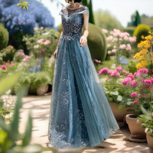 Blue Beaded Evening Gown