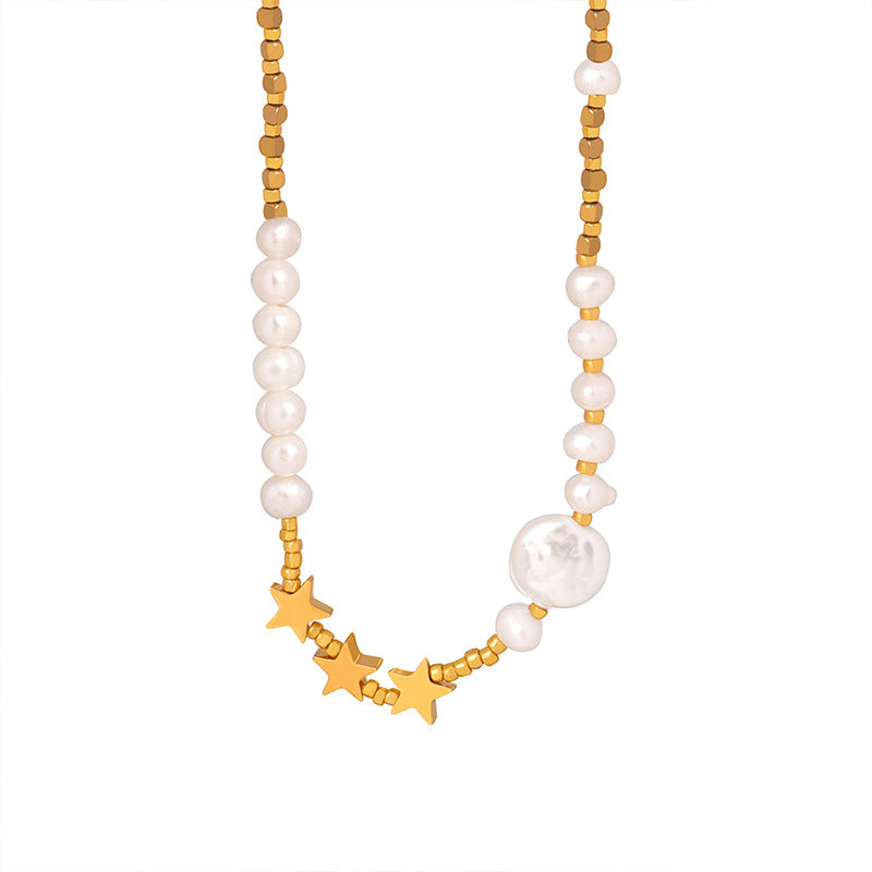 Gold Steel Pearl & Star Charm Necklace