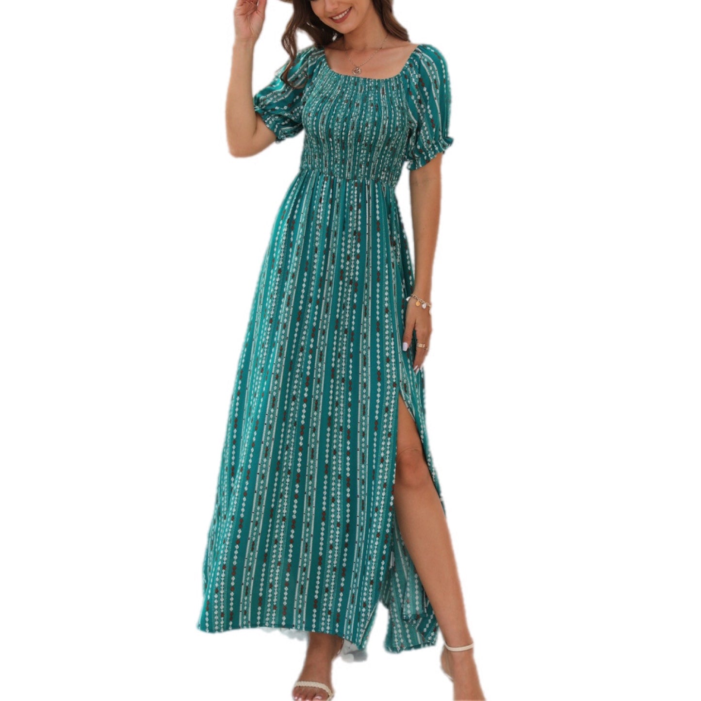 Summer Radiance Slit Printed Short Sleeve Dress