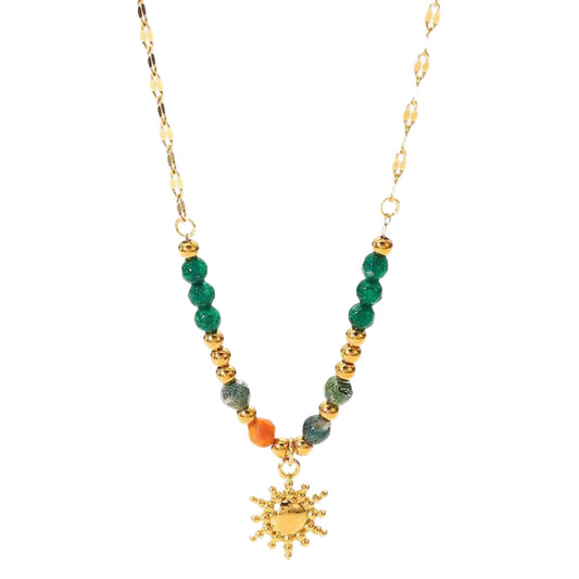 Gold Sun Charm Necklace with Agate Stones