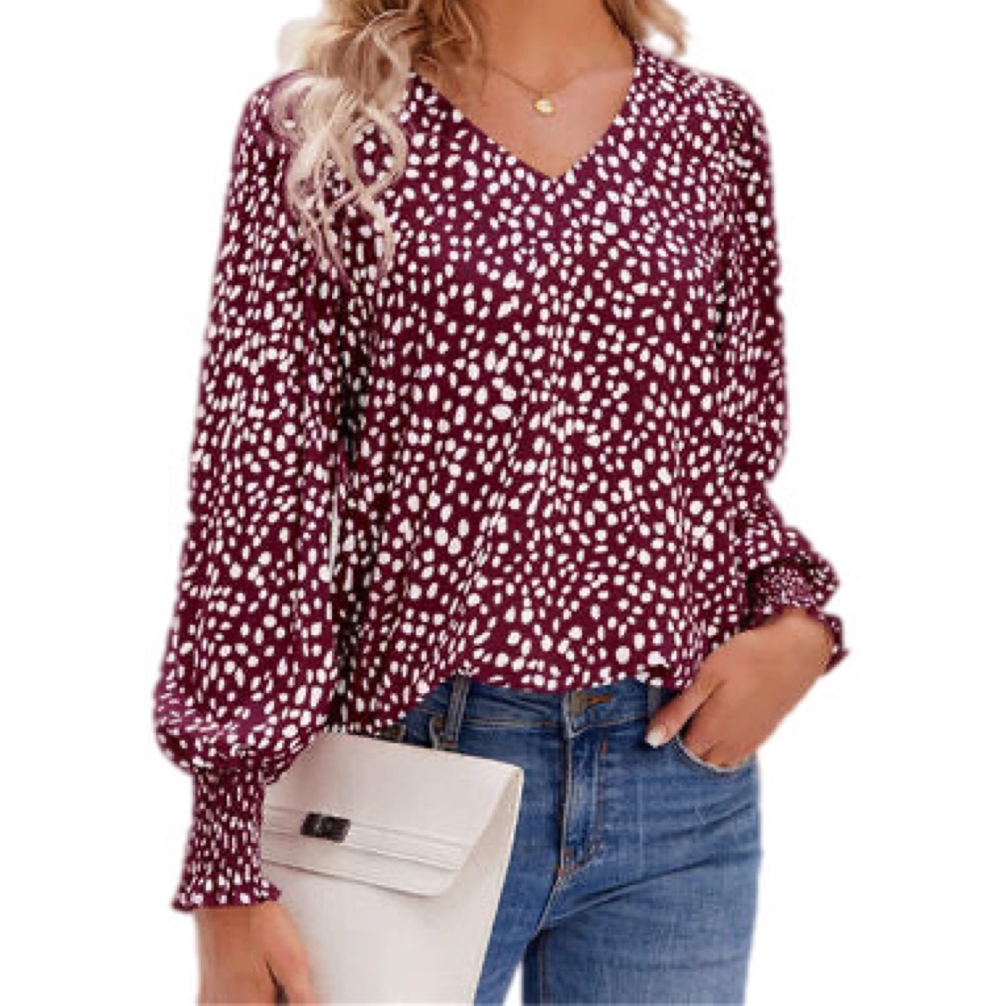 Printed V-Neck Lantern Sleeve Blouse