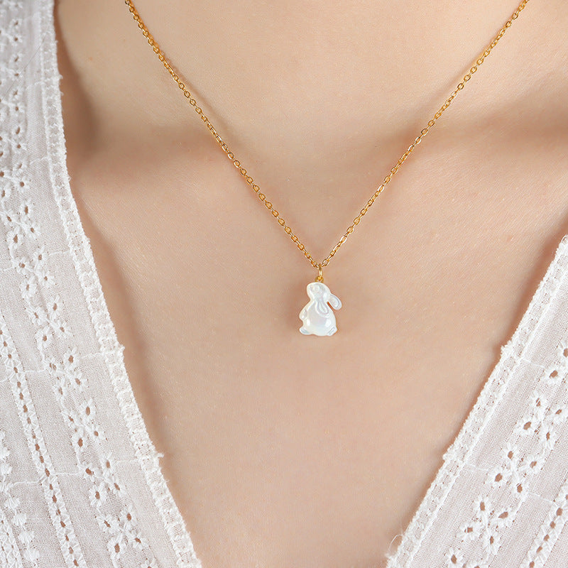 Pearl Bunny Gold Steel Heart Charm Necklace