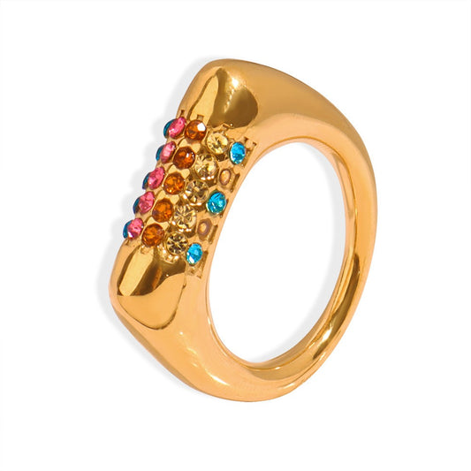 Gold Steel Rainbow CZ Bar Ring