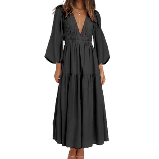 Deep V-Neck Balloon Sleeve Plain Maxi Dress