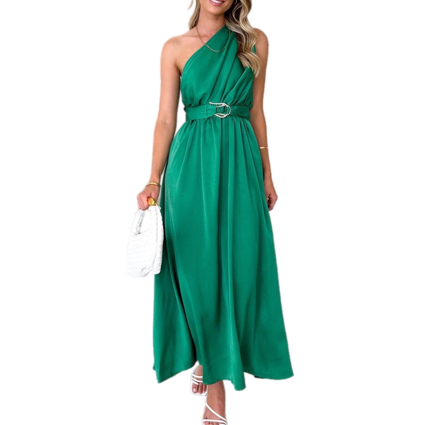 One-Shoulder Satin Maxi Dress with Waist Tie