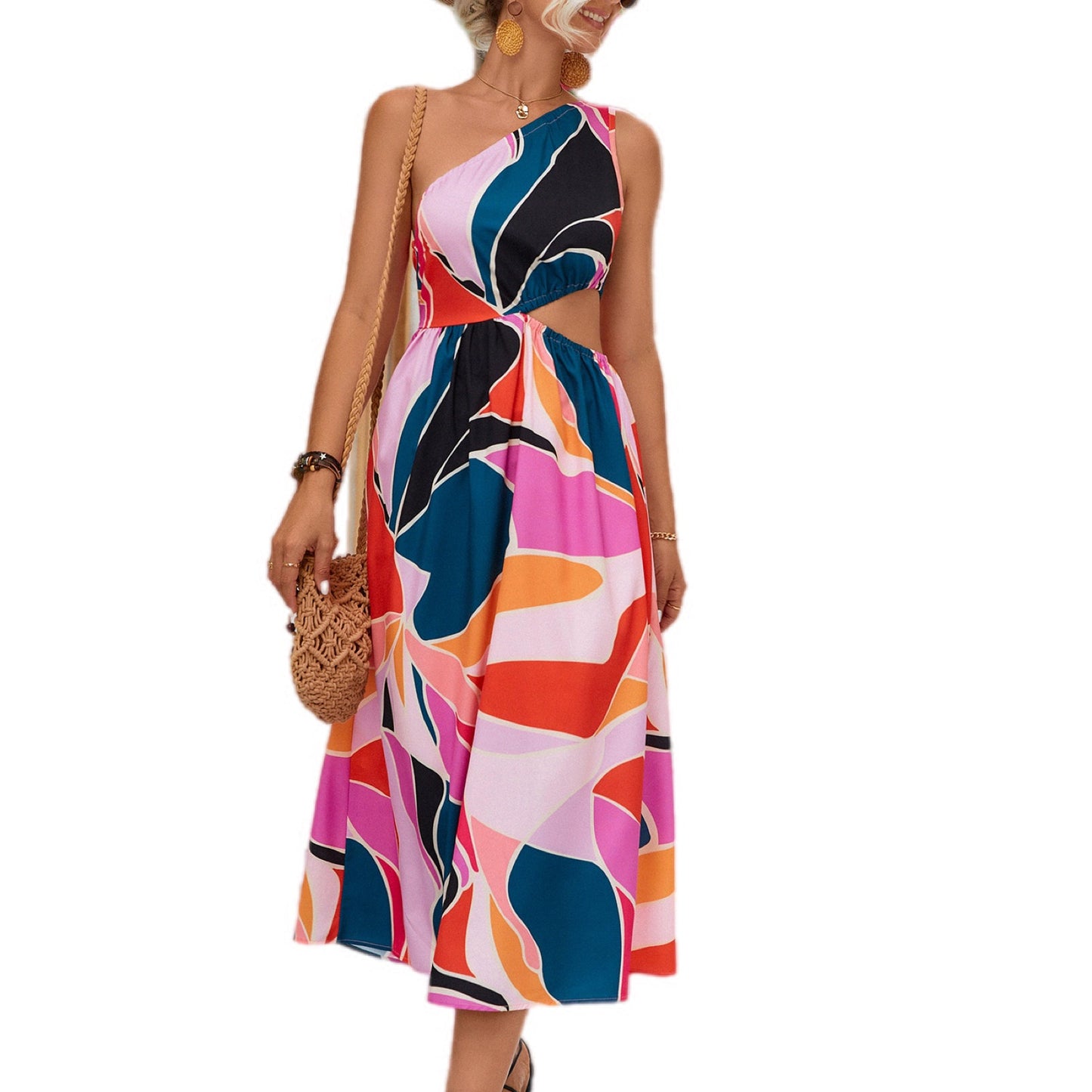 Abstract Print Sleeveless Midi Dress