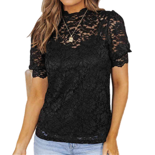 Lace Scalloped Short Puff Sleeve Top