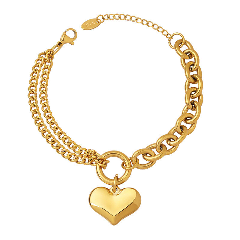 Layered Gold Steel Heart Charm Bracelet