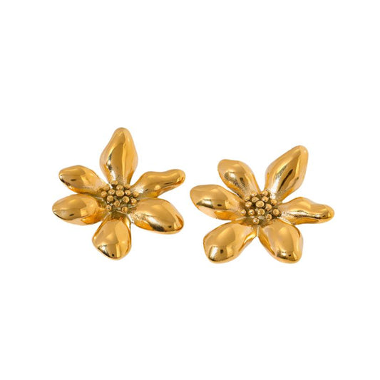 Gold Steel Flower Stud Earrings