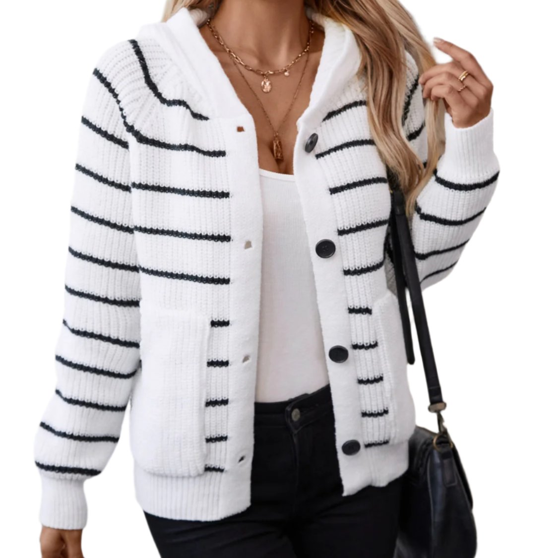 Striped Button Up Hooded Cardigan