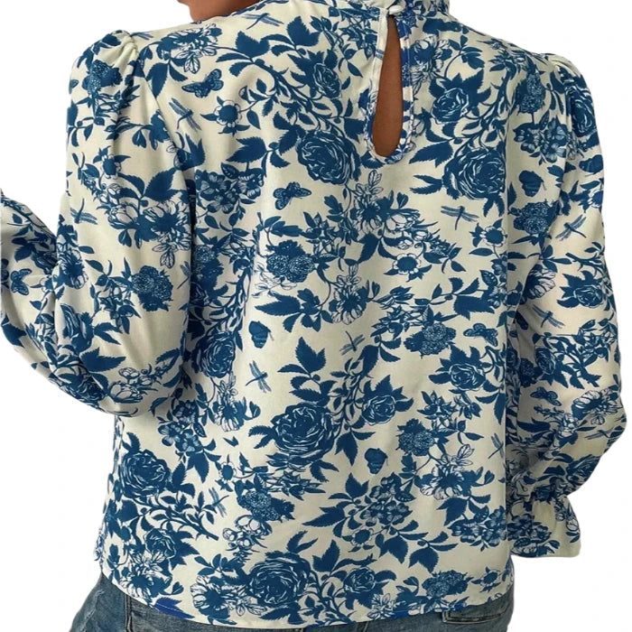 Floral Mock Neck Flounce Sleeve Blouse