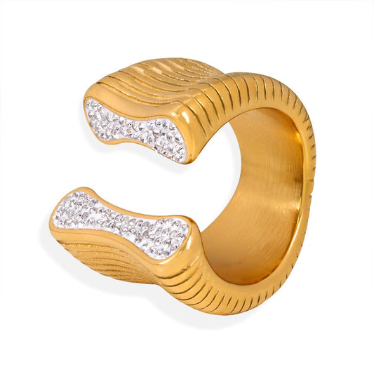 Gold Steel Cuff Ring with CZ Accents