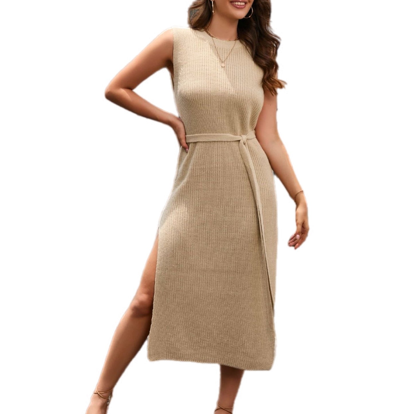 Sleeveless Knit Midi Dress with Side Slit