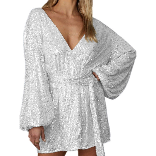 Sequin Surplice Tie Waist Mini Dress