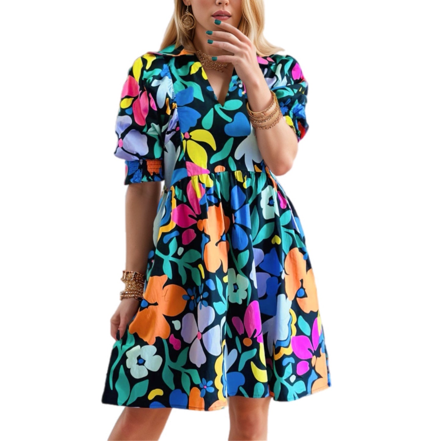 Bold Floral Print Puff Sleeve Dress