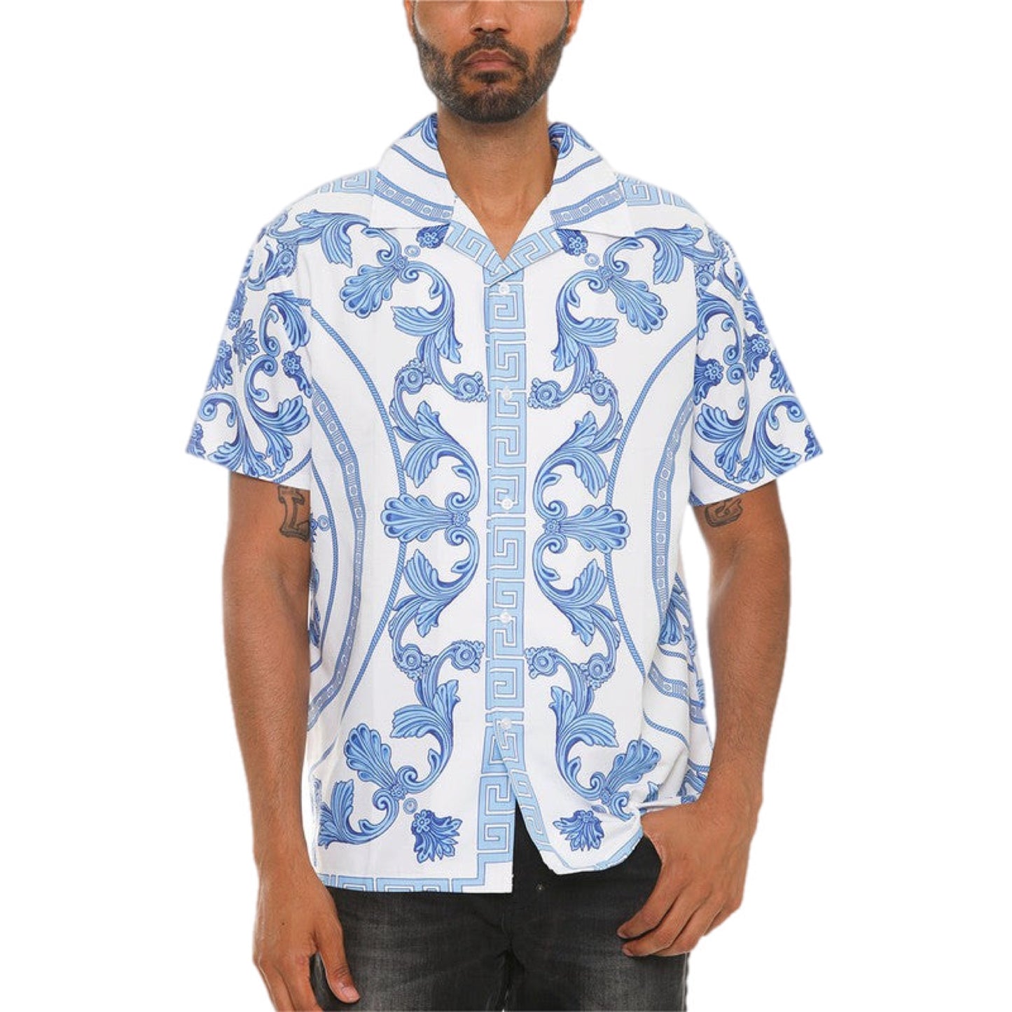 Baroque Print Short Sleeve Button-Up Shirt