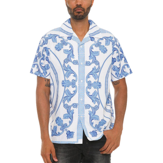 Baroque Print Short Sleeve Button-Up Shirt