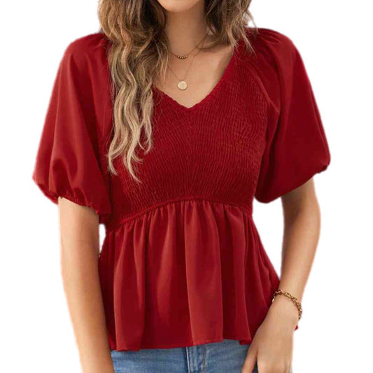 Smocked Balloon Sleeve Peplum Blouse