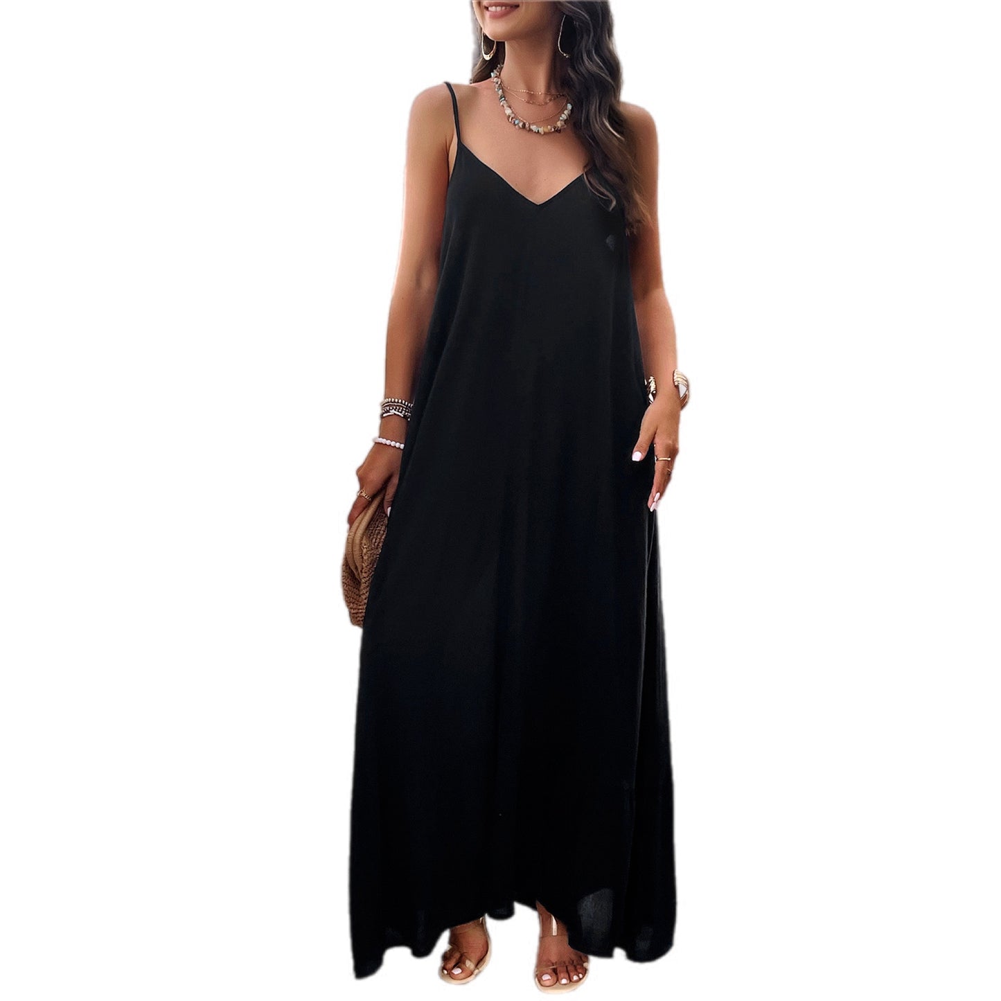 Backless Maxi Cami Dress with Pockets