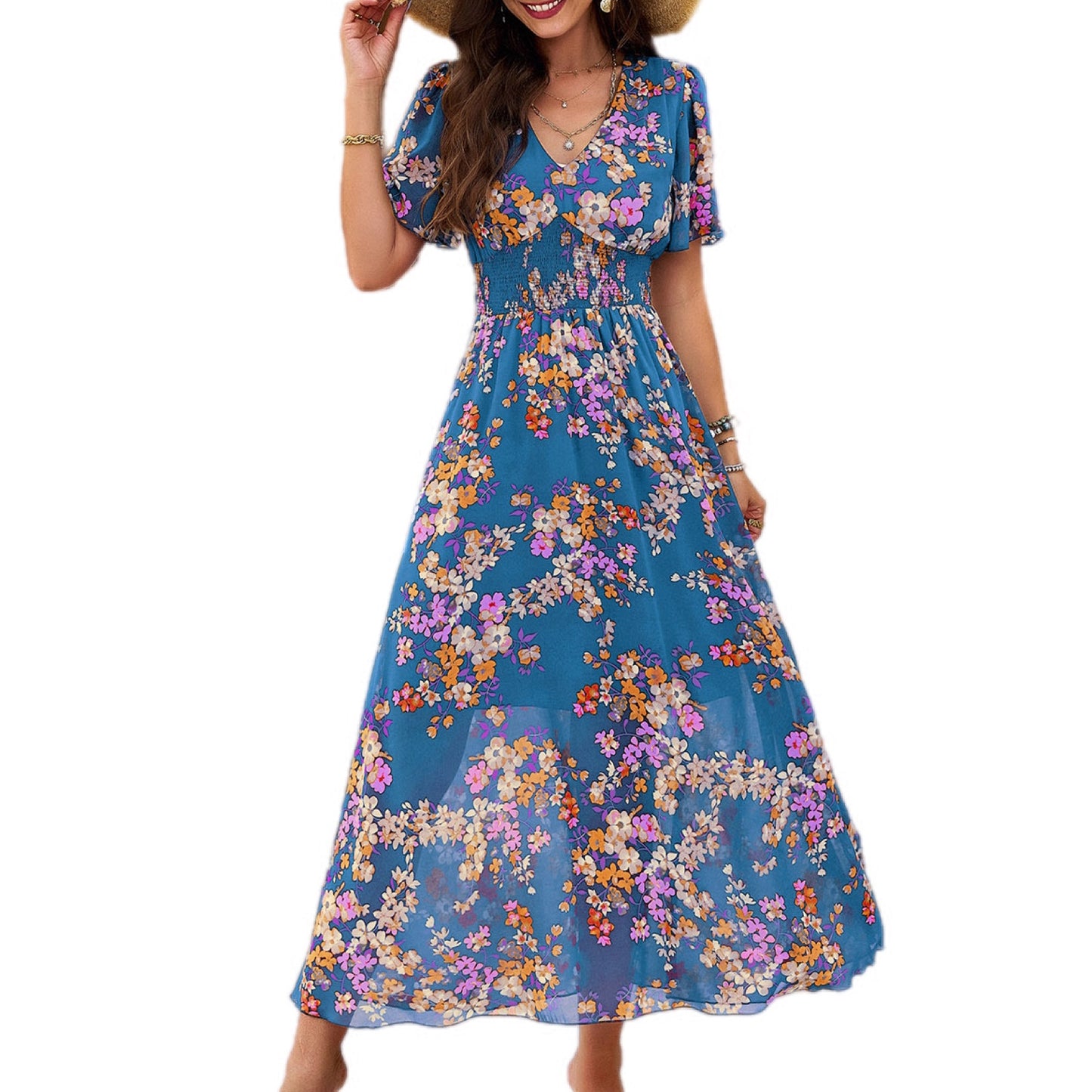 Smocked Floral V-Neck Short Sleeve Dress