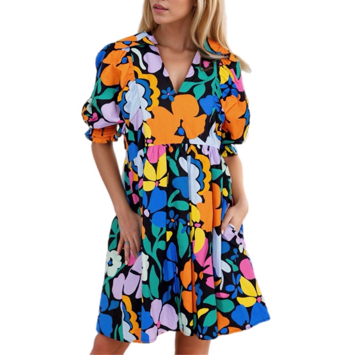 Bold Floral Print Puff Sleeve Dress