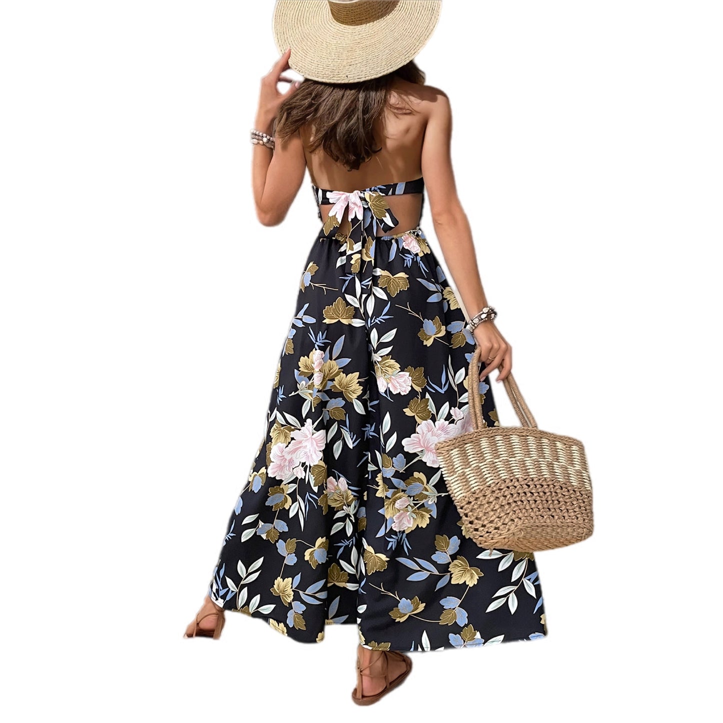 Halter Neck Floral High-Low Maxi Dress