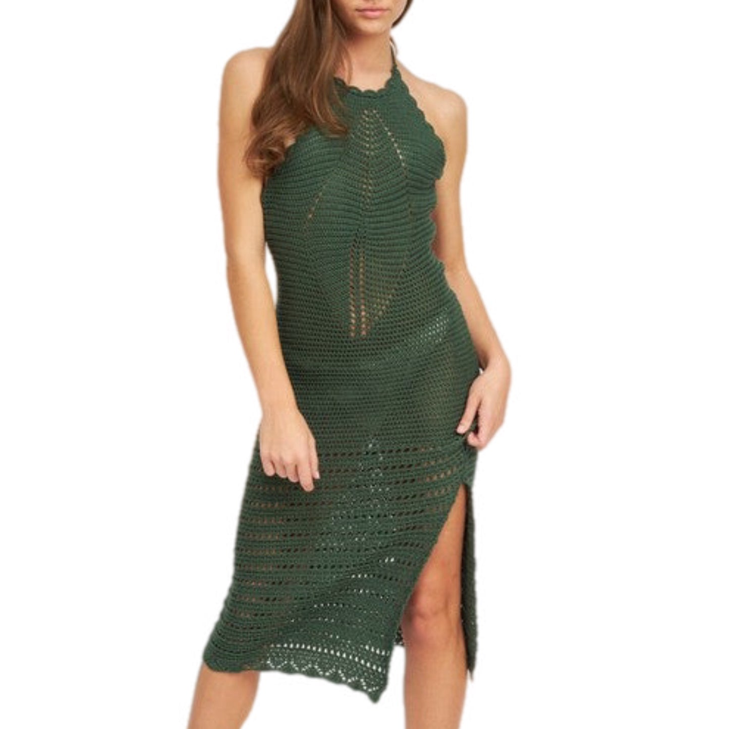 Crochet Halter Midi Dress With Slit