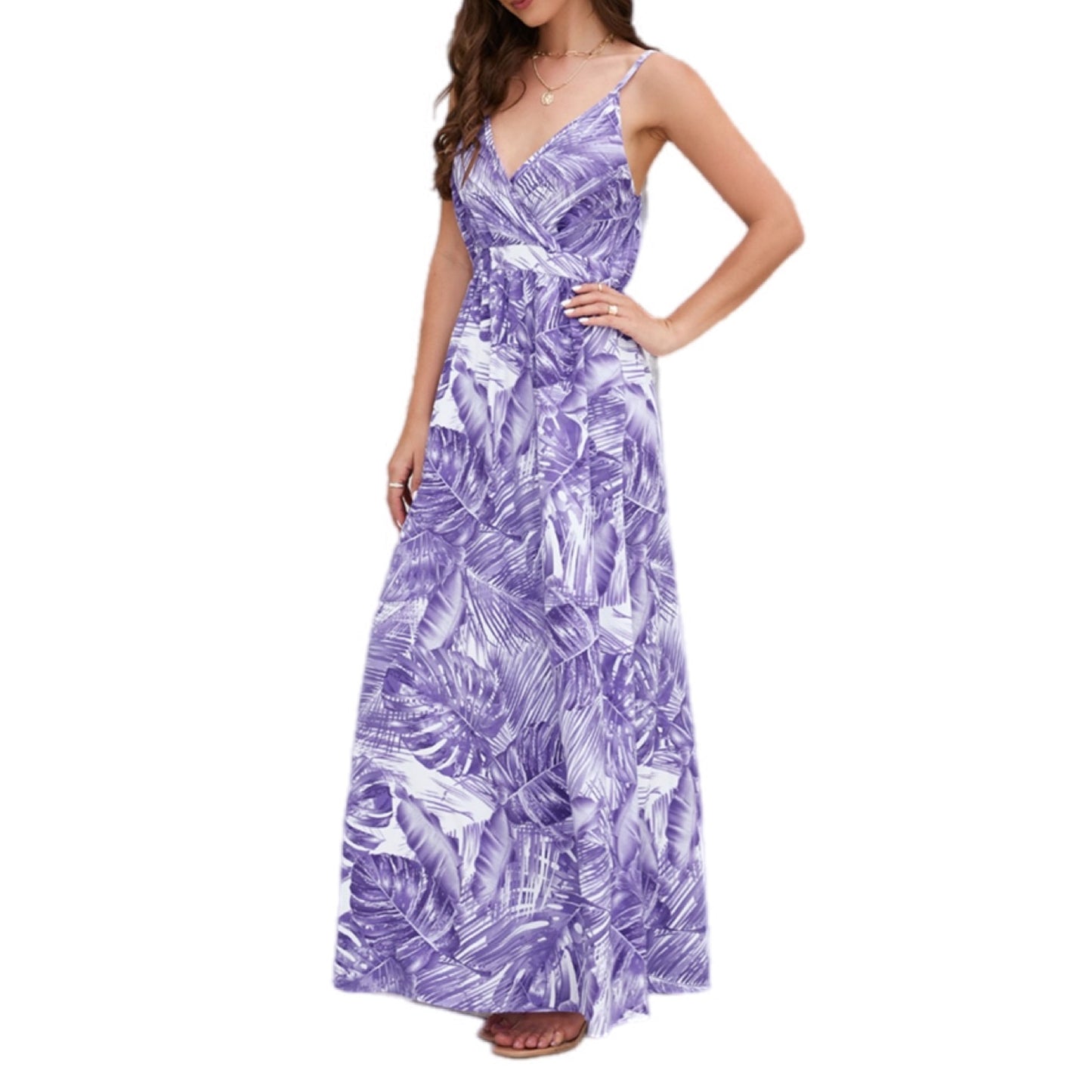 Tropical Print V-Neck Maxi Dress