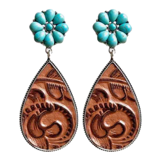 Turquoise Flower Dangle Stud Earrings with Vegan Leather