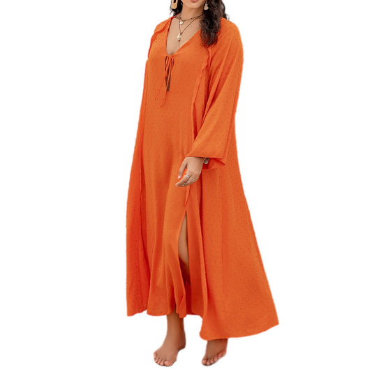 Plus Size Tie Neck Long Sleeve Swim Coverup