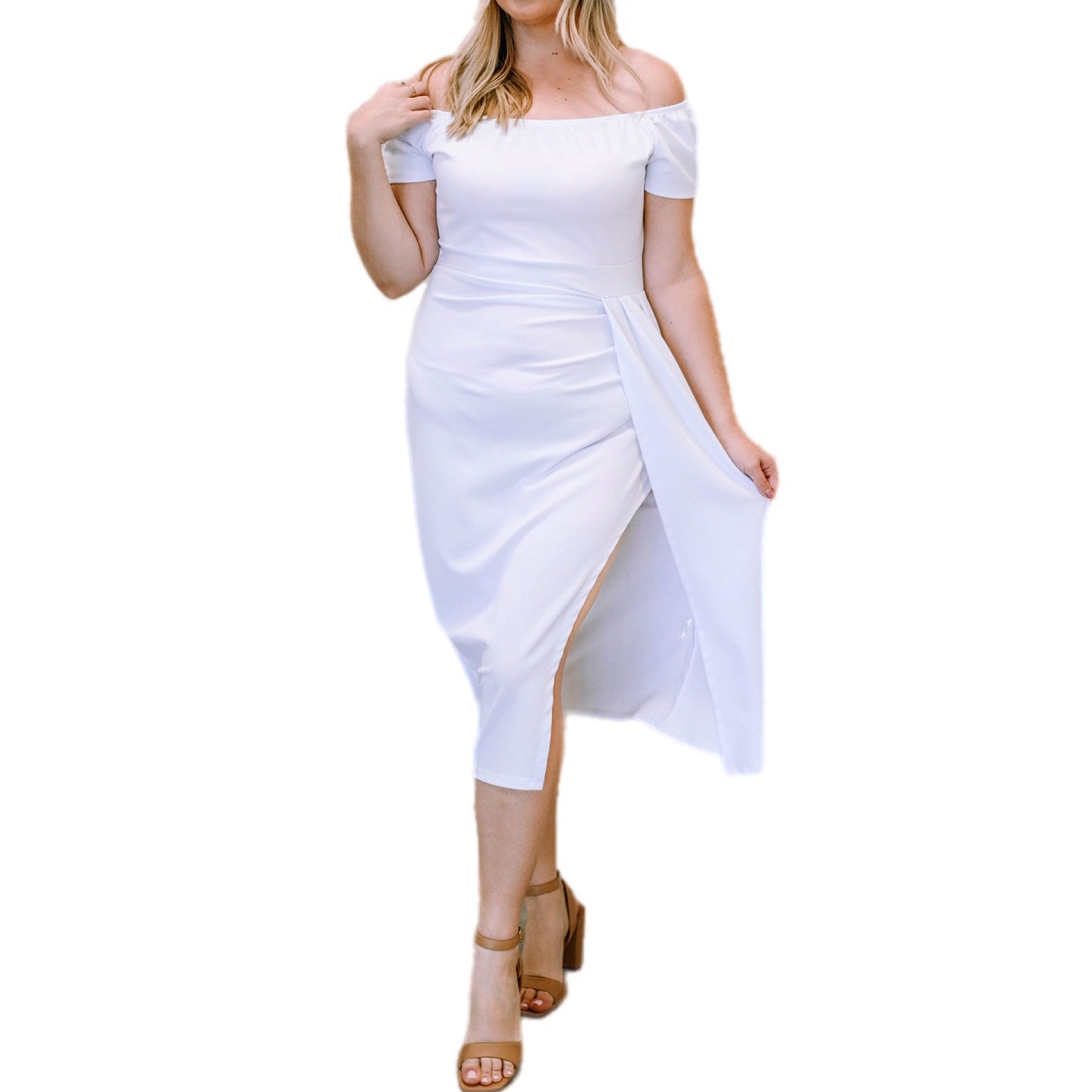 Off-Shoulder Asymmetric Slit Midi Dress