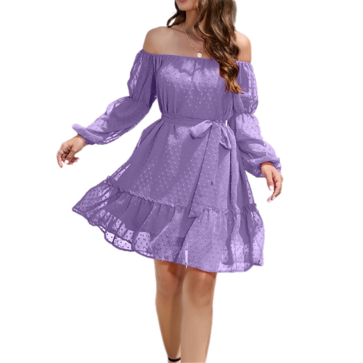 Swiss Dot Off-Shoulder Balloon Sleeve Dress