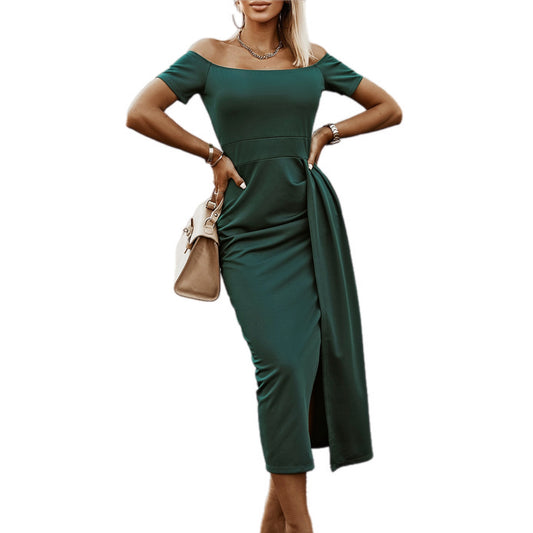 Off-Shoulder Midi Sheath Dress with Side Slit