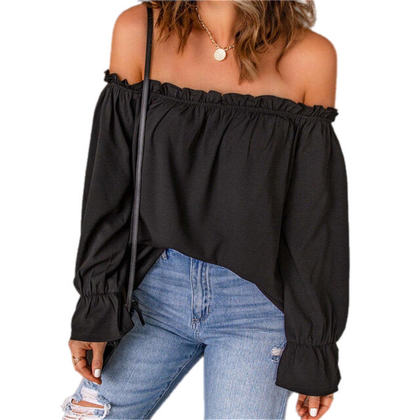 Off-Shoulder Flounce Sleeve Blouse