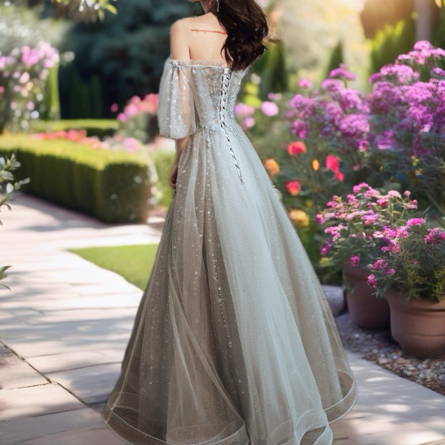 Grey Floral Beaded Evening Gown