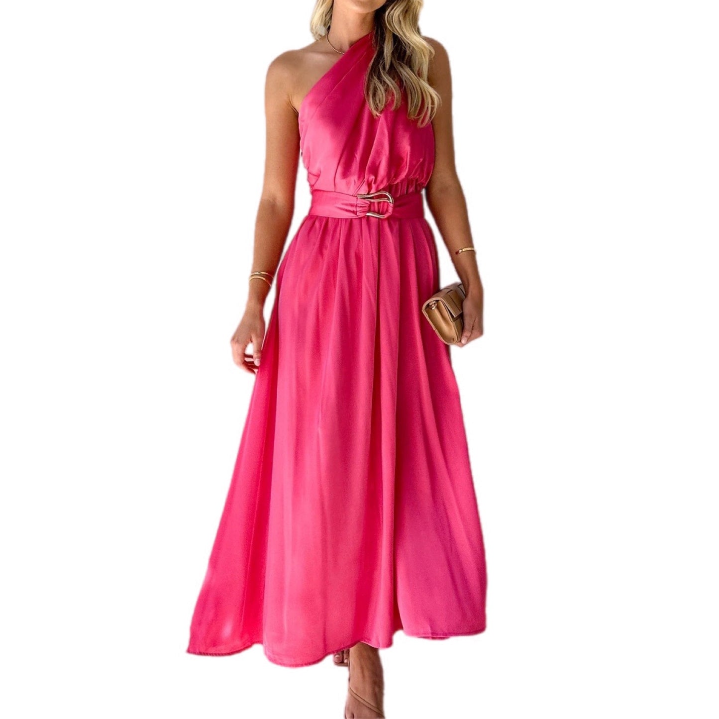 One-Shoulder Satin Maxi Dress with Waist Tie