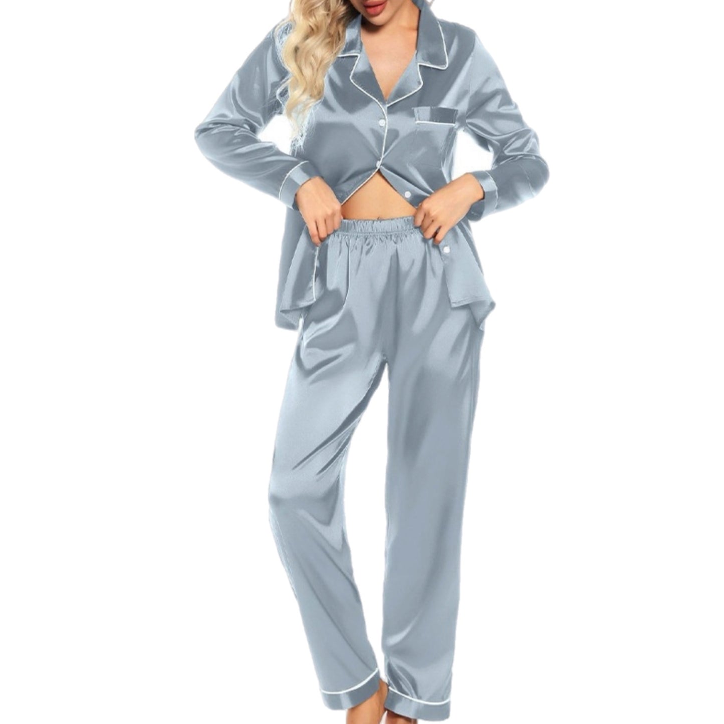 Silk Long Sleeve Two Piece Pajama Pant Set