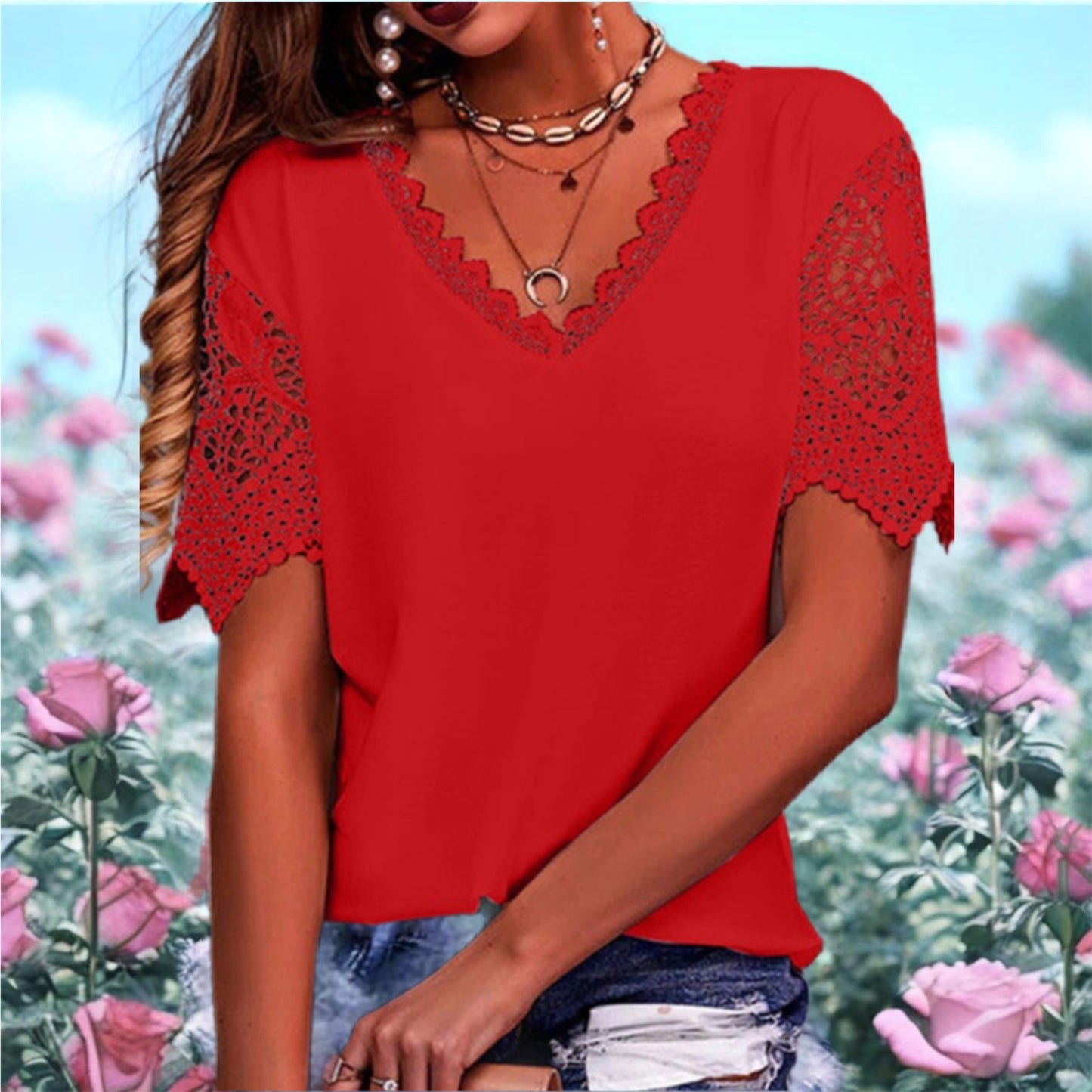 V-Neck Short Sleeve  Lace Top