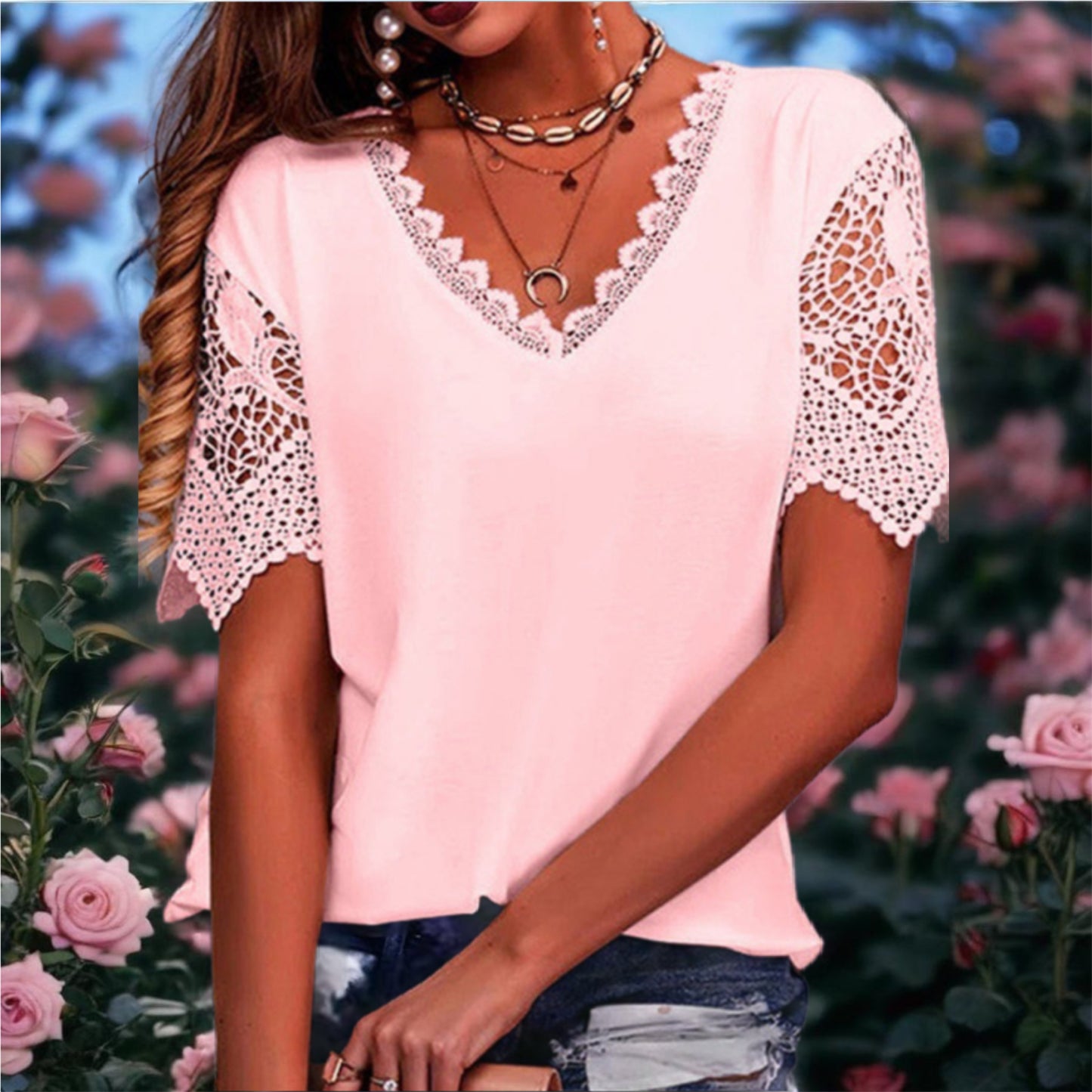 V-Neck Short Sleeve  Lace Top