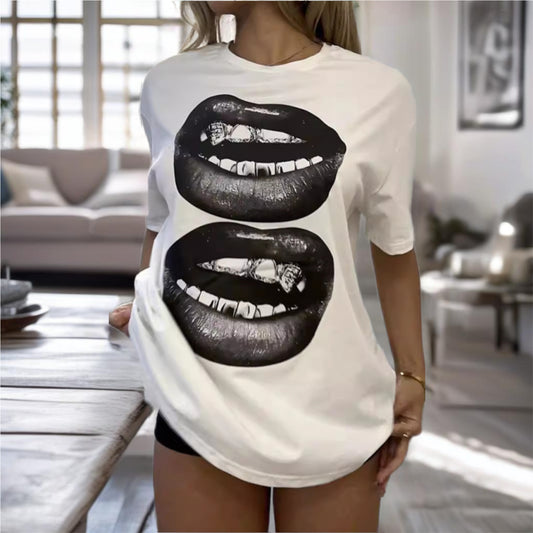 Lip Printed Round Neck Short Sleeve T-Shirt