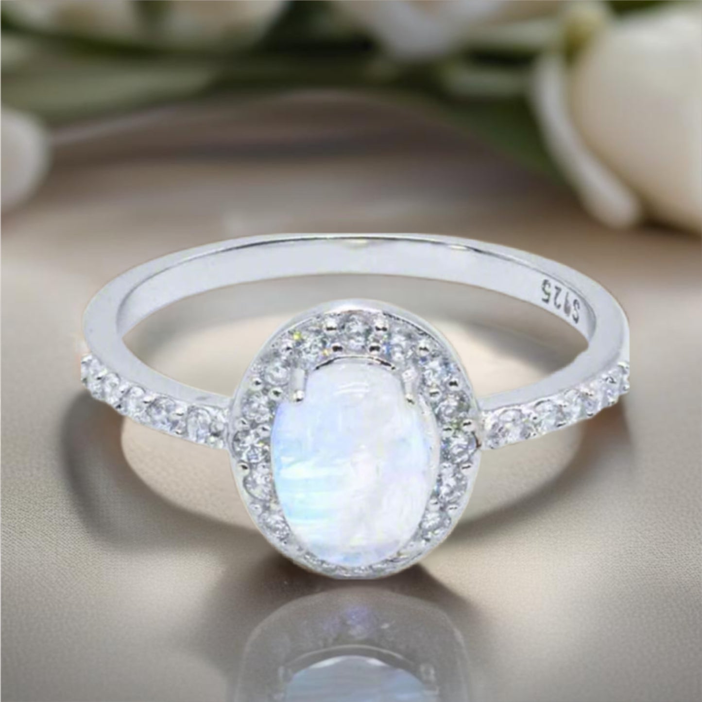 Sterling Silver Natural Moonstone Halo Ring