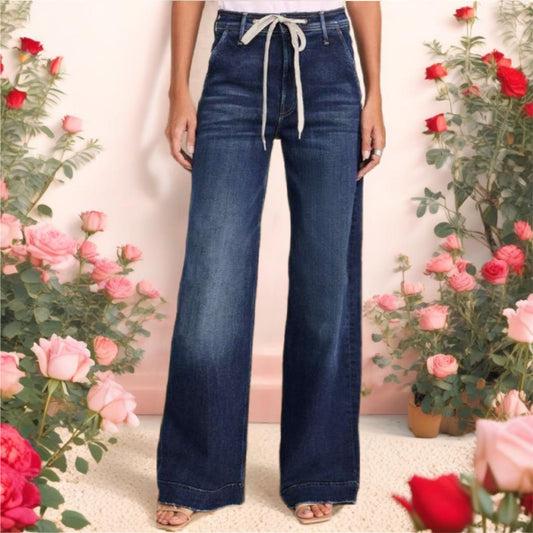 Contrast Drawstring Wide Leg Jeans