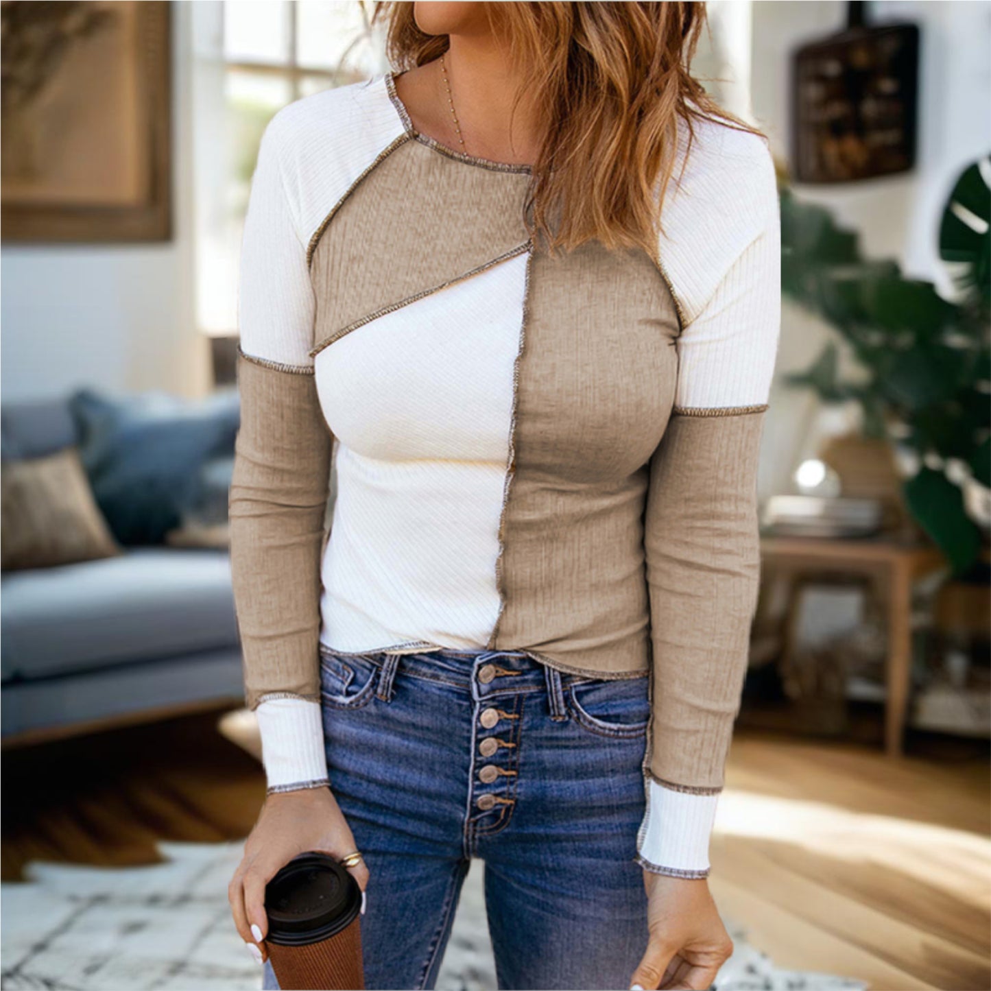 Round Neck Long Sleeve Contrast Top