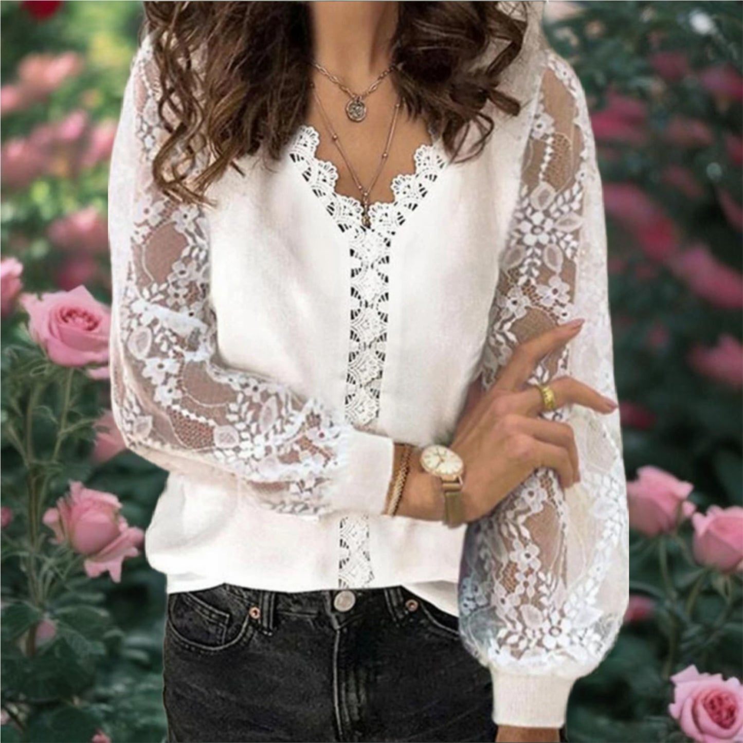 V-Neck Lace Sleeve White Top