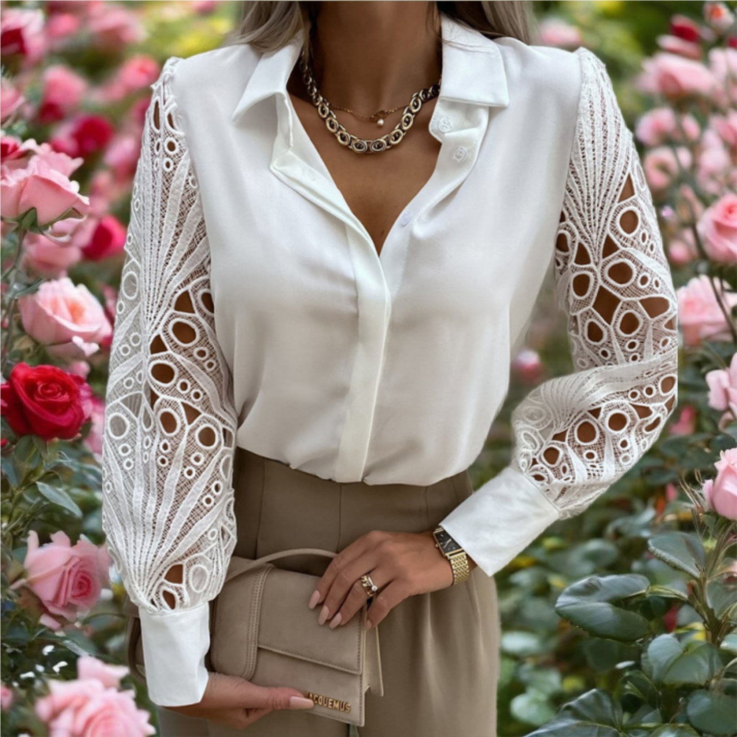 Lace Long Sleeve Button Up Top